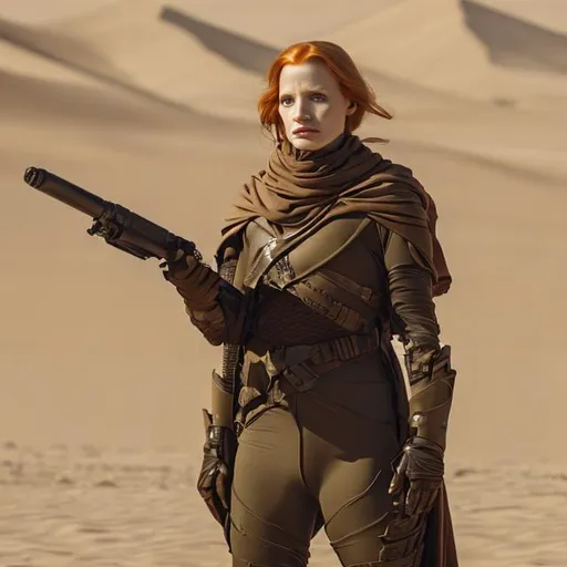 Prompt: jessica chastain, beautiful face, terrorist, tuscan raider, army helmet, fremen armor, dune, white bandage arms, cloth poncho, scifi military armor, rocket launcher