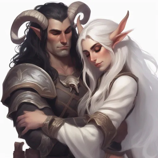 Prompt: dnd a female elf cleric with long white hair cuddling a large male tiefling barbarian with messy black hair and ram horns