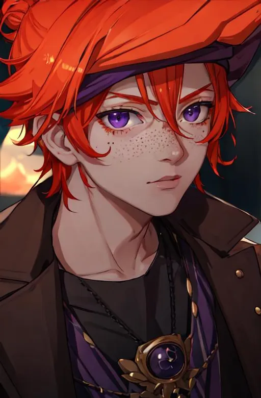 Prompt: Erikku male (short ginger hair, freckles, right eye blue left eye purple) UHD, 8K, Highly detailed, insane detail, best quality, high quality. As the godfather, mafia