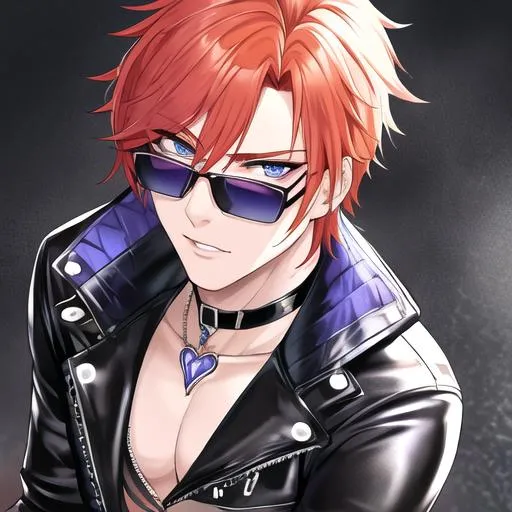 Prompt: Erikku 1male (short ginger hair, freckles, sharp and sassy purple and blue eyes), highly detailed face, 8K, Insane detail, best quality, UHD, handsome, flirty, Highly detailed, insane detail, high quality. Hollywood, famous, leather jacket, tight ripped black jeans, black jewelry, black choker, actor, black sunglasses