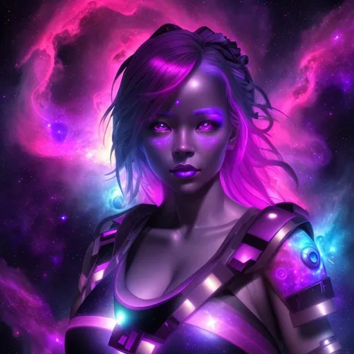 Prompt: Happy, vivid, nebula, 3D, HD, full-body,  dark, plasma action portrait of a ({Female}Goddess as a {Goddess}Female), expansive cosmic background --s98500