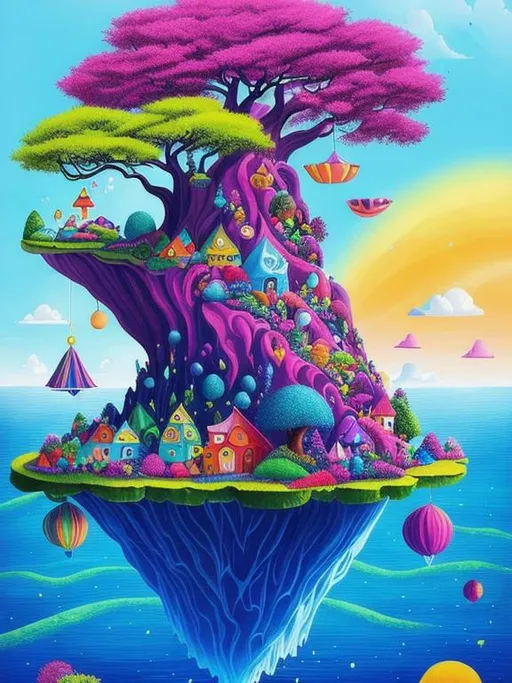 Prompt: “Create a vibrant and surreal landscape depicting a world where gravity behaves differently, where floating islands and upside-down trees are suspended in the sky, and colorful creatures with whimsical features roam freely. Let your imagination run wild as you explore the concept of a gravity-defying realm filled with enchantment and wonder. Use a mix of bold and ethereal colors to bring this surreal world to life, and let the artwork inspire a sense of curiosity and awe in the viewer.”