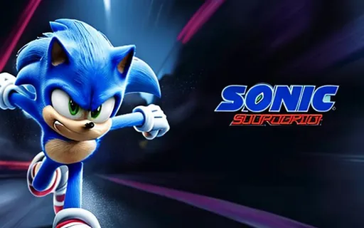 Prompt: sonic corriendo con rayos supersonicos y con el logo de la pelicula