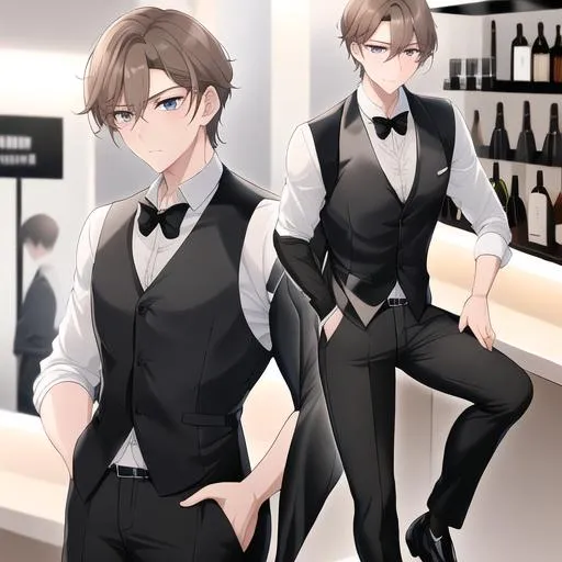 Prompt: Alex 1male. Short light brown hair. Soft and mesmerizing light grey eyes. Wearing a sleek black button-up shirt, paired with tailored black pants and shiny leather shoes. He completes the look with a stylish black vest and a classic black bow tie. UHD, 8K, standing behind a bar counter, blushing