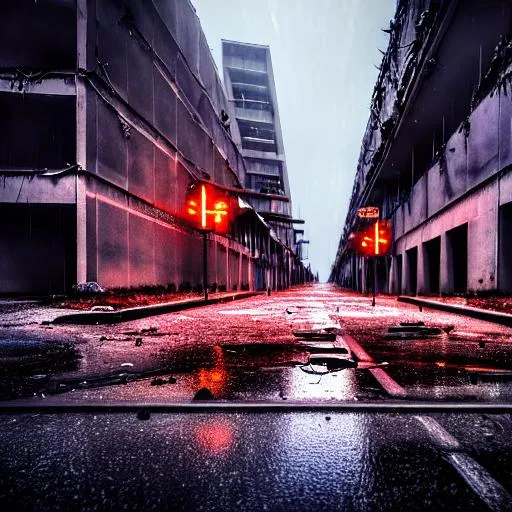 post apocalyptic, raining, building, avenue,urban... OpenArt