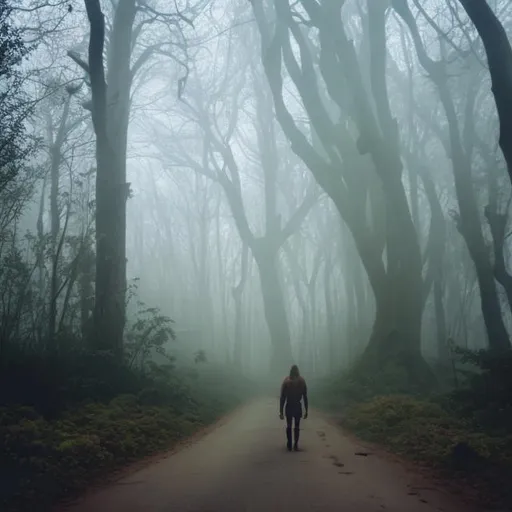 Prompt: Human in car,dog,forest,fog, unknown creature,