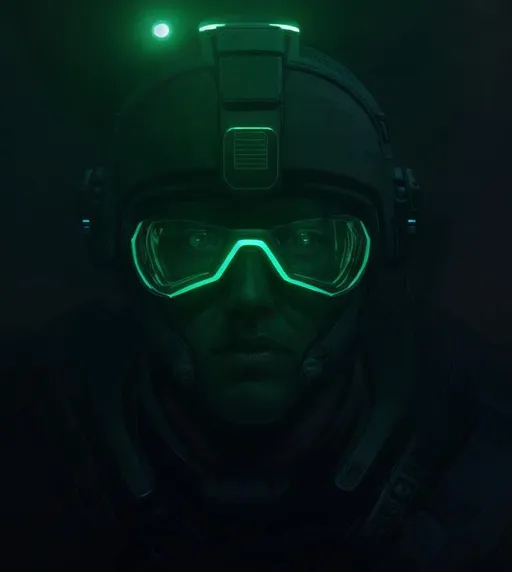 Prompt: A close up digital portrait of a soldier wearing night vision goggles, from the perspective of a night vision camera concept art, super detailed, 8k, high quality, Mass Effect, trending art, trending on artstation, sharp focus, intricate details, by greg rutkowski