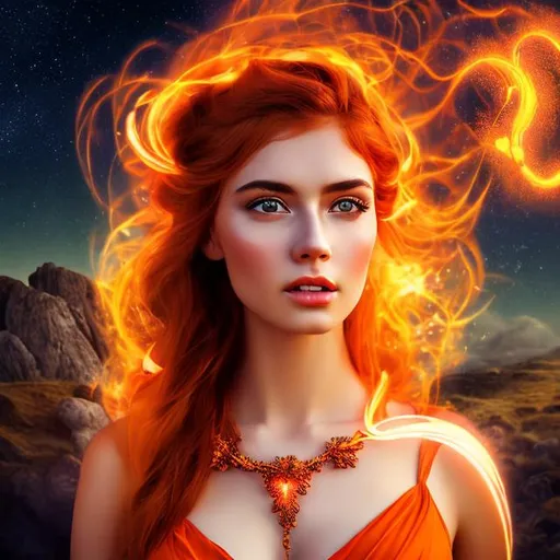 Prompt: HD 4k 3D 8k professional modeling photo hyper realistic beautiful woman ethereal greek goddess of hearth, home, domesticity and chastity
fiery red hair brown eyes gorgeous face tan skin orange shimmering dress jewelry headpiece full body surrounded by magical glowing firelight hd landscape background of enchanting mystical flames