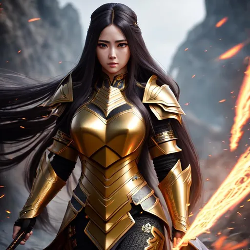 Prompt: Highly Detailed, Hyperrealistic, Woman in revealing macha armor with very long hair, sharp focus, Professional, UHD, HDR, 8K, Render, Album cover, electronic, dramatic, vivid, pressure, stress, nervous vibe, loud, tension, traumatic, dark, cataclysmic, violent, particle effects