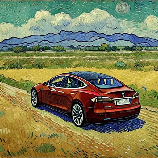 Prompt: vincent van gogh painting of a tesla car with elon musk
