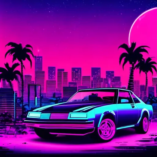Prompt: synthwave, black base color, bright purple and pink moon in background, blue lighting, car driving