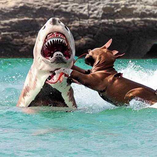 Prompt: Shark fighting a pitbull