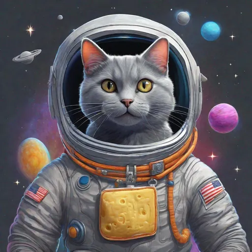 Prompt: Perplexing Stylized concept art of a gray cat in a space suit 
that has that name Ricky sewn into it. Floating through space holding a stick of butter. Everything is perfectly to scale, HD, UHD, 8k Resolution, Vibrant Colorful Award winning 