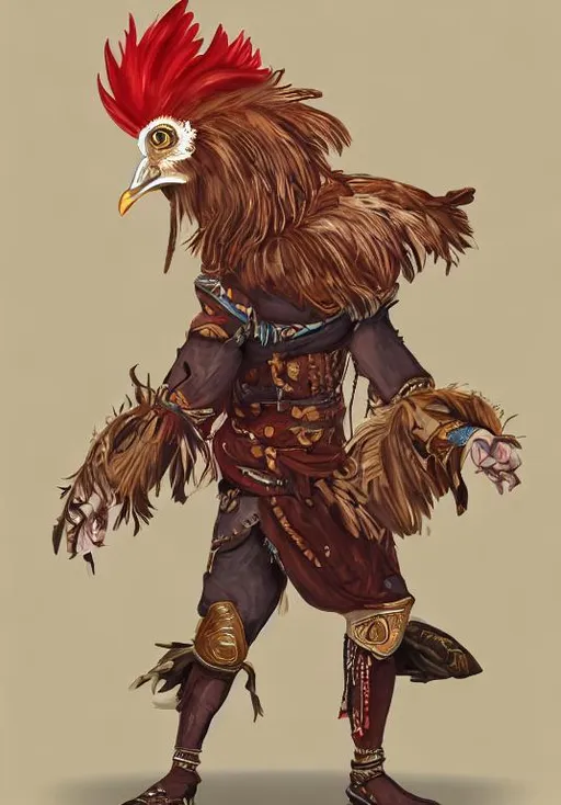 Prompt: portrait of an anthropomorphic rooster man dressed as a fantasy monk, feathers, kickboxing, legs, bird claws, martial artist, katar fistweapons, d & d, smooth, illustration, photorealistic