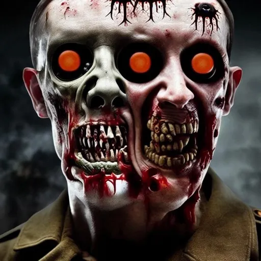 Prompt: zombie, nazi, realistic, nazi zombie, real-life, hyper-realistic, zombie hitler, undead, hitler, draugr, scabs, bruises, blood, violent, eugenics, murder, evil, angry, far-right