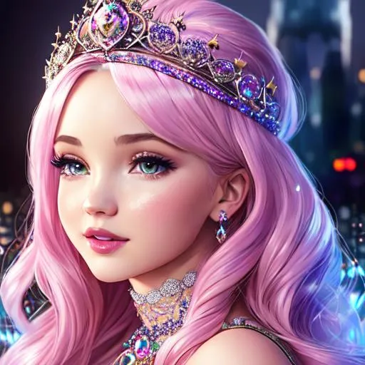 Prompt: Dove Cameron, Hyper realistic, detailed face, singing with mic, battlefield ethereal glittery pink lace royal princess two piece short dress, floating city in background, jewelry set, curly long black hair, stage with lights  in the background, royal vibe, highly detailed, digital painting, HD quality, pale skin, artgerm, by Ilya Kuvshinov 
