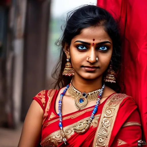 Prompt: an indian prostitute , blue eyes , sharp , realistic , UHD , HDR , red saree
