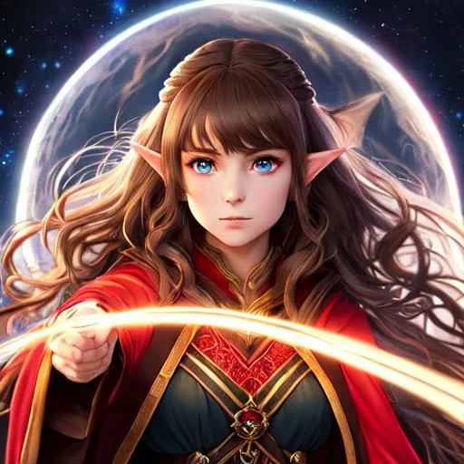 Prompt: "Full body, oil painting, fantasy, anime portrait of a young hobbit woman with flowing curly light brown hair and dark blue eyes, short elf ears | wearing intricate red and black wizard robes, #3238, UHD, hd , 8k eyes, detailed face, big anime dreamy eyes, 8k eyes, intricate details, insanely detailed, masterpiece, cinematic lighting, 8k, complementary colors, golden ratio, octane render, volumetric lighting, unreal 5, artwork, concept art, cover, top model, light on hair colorful glamourous hyperdetailed medieval city background, intricate hyperdetailed breathtaking colorful glamorous scenic view landscape, ultra-fine details, hyper-focused, deep colors, dramatic lighting, ambient lighting god rays, flowers, garden | by sakimi chan, artgerm, wlop, pixiv, tumblr, instagram, deviantart