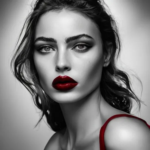 Prompt: Womans face in black and white portrait but her lips in blood red lipstick close up shot