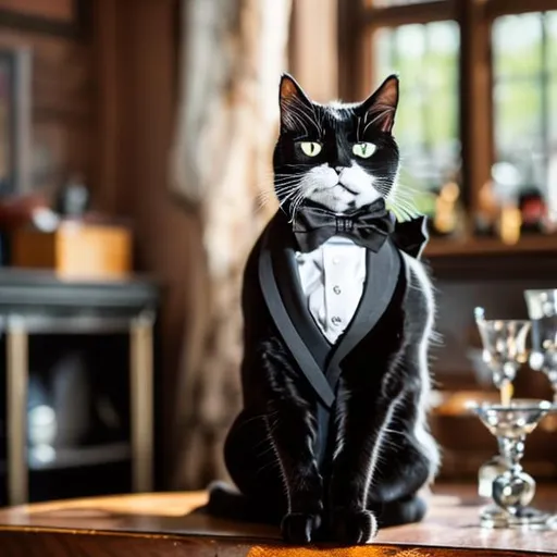 Prompt: cat sitting on a table, wearing a top hat and a black bowtie
