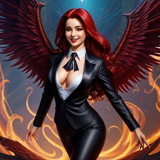 Prompt: Fallen angel with wings of blood and shadow, she is wearing a business suit inspired by Cthulhu, excited smile, perfect anatomy, eye contact, excited, camera panned out to show her whole body, posing, elegant, real, alive, real skin textures, detailed symmetrical face, professional lighting,