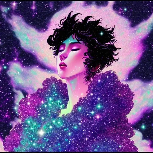 Prompt: A person floating in the endless galaxy crying glitter and is beautiful and is wearing the universe's outfit and has great hair and is god, vaporwave