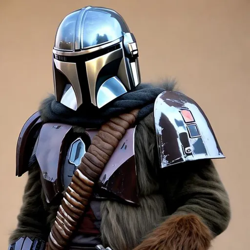 Prompt: A wookie in mandalorian armor.