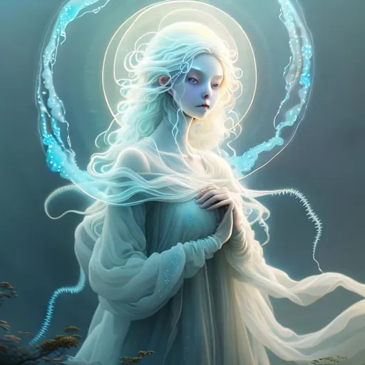 Prompt: ghibli style beautiful curvy ghost woman with shoulder-length curly pale blond hair and cold blue eyes, wearing transparent and ethereal clothing, ethereal landscape, swirling mists and glowing orb, detailed face, highly detailed, digital painting, HDRI, masterpiece, smooth, sharp focus, illustration, golden ratio, full body shot