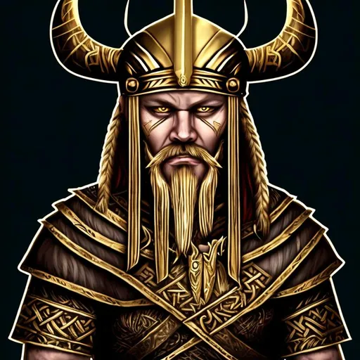 Prompt: Evil viking wearing gold, pharaoh style front view
With text: V4N_MYST3R 