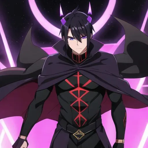 Prompt: Desmosin (male, black hair, purple eyes) wearing a cape, as a demon