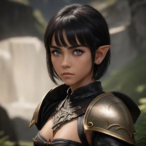 Prompt: masterpiece, splash art, ink painting, beautiful pop idol, D&D fantasy, (23 years old) lightly tanned-skinned hobbit girl, ((beautiful detailed face and large eyes)), determined expression, short dark cut hair, short small pointed ears, serious expression looking at the viewer, wearing detailed leather armor and wielding a dagger #3238, UHD, hd , 8k eyes, detailed face, big anime dreamy eyes, 8k eyes, intricate details, insanely detailed, masterpiece, cinematic lighting, 8k, complementary colors, golden ratio, octane render, volumetric lighting, unreal 5, artwork, concept art, cover, top model, light on hair colorful glamourous hyperdetailed medieval city background, intricate hyperdetailed breathtaking colorful glamorous scenic view landscape, ultra-fine details, hyper-focused, deep colors, dramatic lighting, ambient lighting god rays, flowers, garden | by sakimi chan, artgerm, wlop, pixiv, tumblr, instagram, deviantart