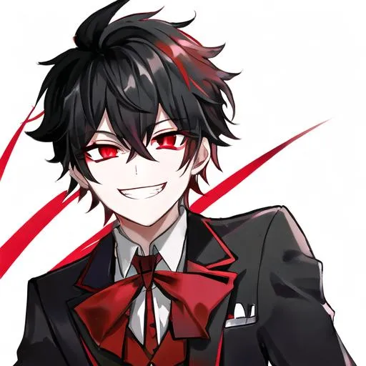 Prompt: Damien (male, short black hair, red eyes) grinning sadistically, 4k, closeup