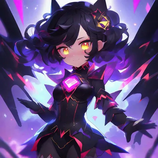 Prompt: Magical Transformation Girl, Black costume with purple trim, red zigzag gem, blue spikes, Cloud-like Black hair with purple highlights, glowing yellow eyes, masterpiece, best quality