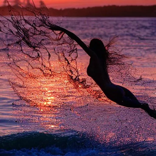 Prompt: As the sun sets over the horizon, you catch a glimpse of a beautiful being emerging from the depths of the ocean. With a graceful flick of her long, shimmering tail, she glides through the water effortlessly, leaving a trail of sparkling magic in her wake. Her hair, flowing with the current, appears to be made of seaweed and coral, and her skin is like glistening pearls. Her eyes glow with an otherworldly blue light, and as she sings a hauntingly beautiful melody, you can feel the magic of the ocean around you. What is this enchanting creature, and what secrets does she hold?