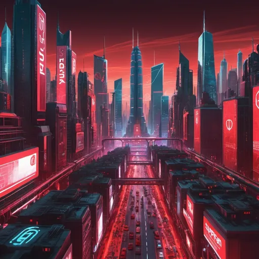 Prompt: Futuristic digital artwork of a sprawling metropolis, dominant red color tones, superchain-infused cityscape, bustling streets adorned with superchain logos, advanced skyscrapers with neon-lit superchain advertisements, high-tech infrastructure integrated with superchain logo, top-tier digital rendering, ultra-HD, cyberpunk, futuristic, red color scheme, detailed cityscape, cryptocurrency dominance, bustling streets, high-end digital art, vibrant lighting