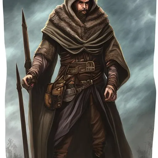Prompt: D&D art, rugged traveler, hooded robe, magic, young, tall
