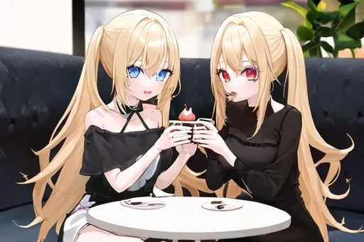 Prompt: One cute girl with blonde long-straight hair and blue eye), pale skin, UHD, looks kind, enjoying dessert in a coffee shop (happily) with another cute girl who is black hair, half-up pigtails, red eye, dressed white dress,in anime style, masterpiece, straight-on, upper body, detailed face, game cg