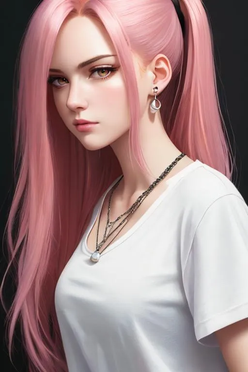 Prompt: oil painting, UHD,  8k, Very detailed, panned out view, whole character, beautiful Young adult, visible face, pink Long Hair which is buzzed of at the right Side, angry expression, lips straight, raised left eyebrow, long loose black low neckline t-shirt, shirt tucked in shorts, pearl earings, dog tags, orange eyes