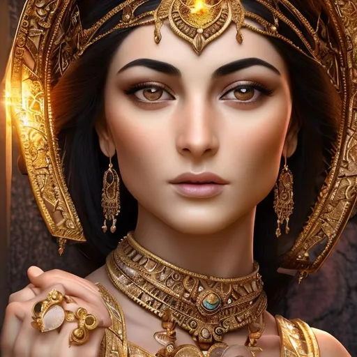 Prompt: An astonishingly beautiful Sumerian woman captivates all who behold her with her timeless allure and grace. She possesses a regal and ethereal charm that harkens back to the ancient civilization she represents.

Her smooth, bronzed complexion reflects the rich heritage and warmth of the Sumerian lands. Delicately arched eyebrows frame her mesmerizing eyes, which gleam like precious gems. Deep and mysterious, her eyes seem to hold secrets and wisdom passed down through generations.

Her features are exquisitely sculpted, showcasing harmonious proportions and symmetrical beauty. A straight nose adds to her refined countenance, while her elegantly curved lips bear a soft, natural hue that invites admiration.

Crowning her captivating face is a crown of lustrous, dark hair that cascades down in gentle waves, echoing the flowing rivers of ancient Mesopotamia. Intricate braids and adorned hair accessories further accentuate her Sumerian heritage, displaying a sophisticated and artistic flair.

Draped in sumptuous, flowing garments inspired by Sumerian fashion, she epitomizes elegance and grace. Vibrant colors and intricate patterns adorn her attire, reflecting the sophisticated textile craftsmanship of the time. Adornments of gold and precious jewels shimmer against her garments, highlighting her status and enhancing her natural radiance.

As she moves with a gentle sway, her movements are graceful and refined, reminiscent of the royal women depicted in ancient Sumerian artwork. Her presence exudes confidence and grace, as she embodies the epitome of beauty within the Sumerian civilization.

This astonishingly beautiful Sumerian woman not only captures the imagination with her outward appearance but also evokes a sense of wonder and admiration for the ancient civilization she represents. Her beauty serves as a reminder of the timeless allure and splendor of the Sumerian culture.