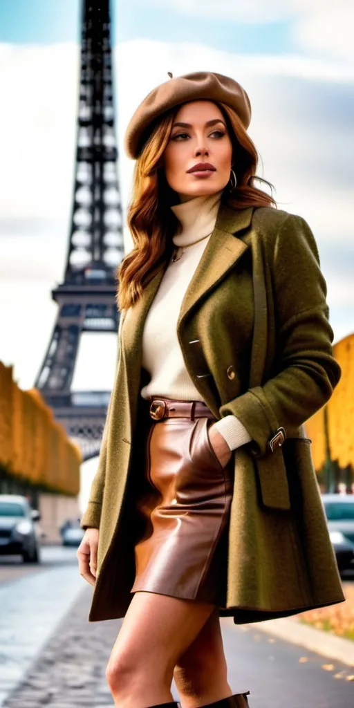Prompt: 8k photo of a beautiful sophisticated French woman, olive skin, long auburn hair, green-eyed, upturned nose, natural makeup, tall & leggy, beige plaid tweed jacket rust turtleneck sweater & beret, khaki leather skirt, Prada boots, walking in a busy & crowded Paris park, Eiffel Tower in background, detailed features, realistic, highres, sophisticated, elegant, natural lighting, vibrant colors, realistic curvy physique, natural lush opulent figure, modern fashion, trendy, editorial fashion photography, magazine cover style
