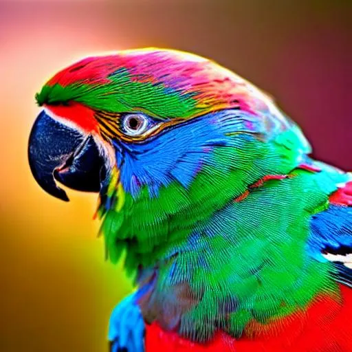 Prompt: hypnotic multicolor parrot, close up, portrait, high definition, morning sunrise vivid colors, wide lense, professional photography 