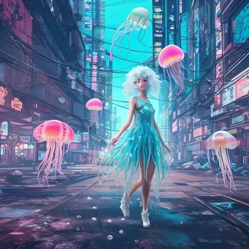 Prompt: a pretty girl with a jellyfish-like dressingwalk around the city, in the style of cyberpunk, realistic


