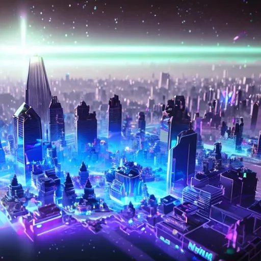 Prompt: Holographic City with black sky
