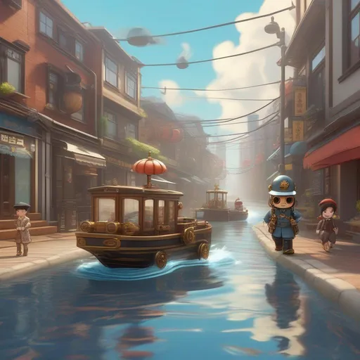 Prompt: walking on water with clamming wave of peace, chibi concept art, steampunk, singing a song of happiness,  on the streets of Seoul Korea, sunny day with clouds, brass robot cops patrolling street, tiny zeppelins in the sky, trending on artstation, 3d, Pixar, milk before cereal should be a crime, dim lighting, hey what you doing looking at the prompt,  😐