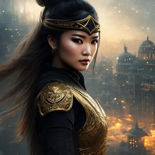 Prompt: create best quality photograph of beautiful female ninja who is wearing gold and black,  night time and beautiful sky as background, detailed face, extremely detailed environment, extremely detailed background, extremely detailed skin, extremely detailed clothing, natural colors , professionally color graded, photorealism, 8k, realistic, moody lighting, galactic environment, volumetric lighting