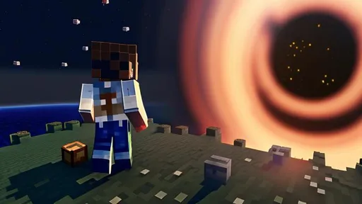 Prompt: In space, Minecraft Steve looks at a black hole in the far horizon while standing on grass. 4k