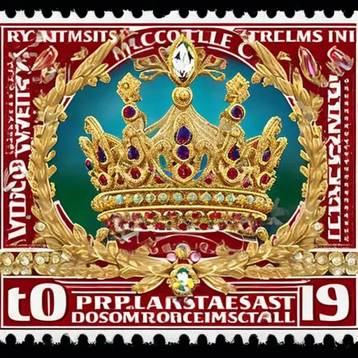 Prompt: hyperrealistic beautiful modern style postage stamp depicting photorealistic coronation jewels