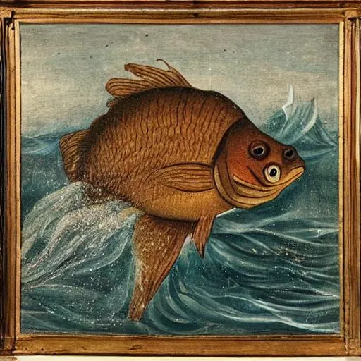 A fish with a human face jumping from the water, 19t