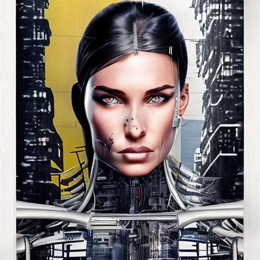 Prompt: a billboard  wanted poster of a half human half cyborg women.hyperealistic 