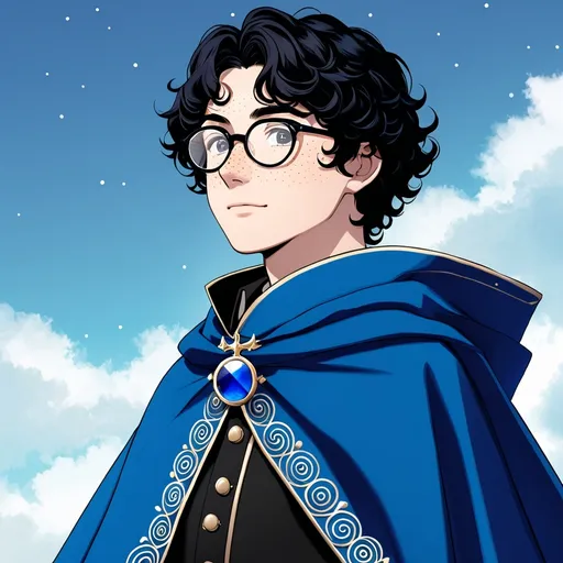 Prompt: Young man, curly black hair, freckles, glasses. Blue fantasy cape. Wimpy 